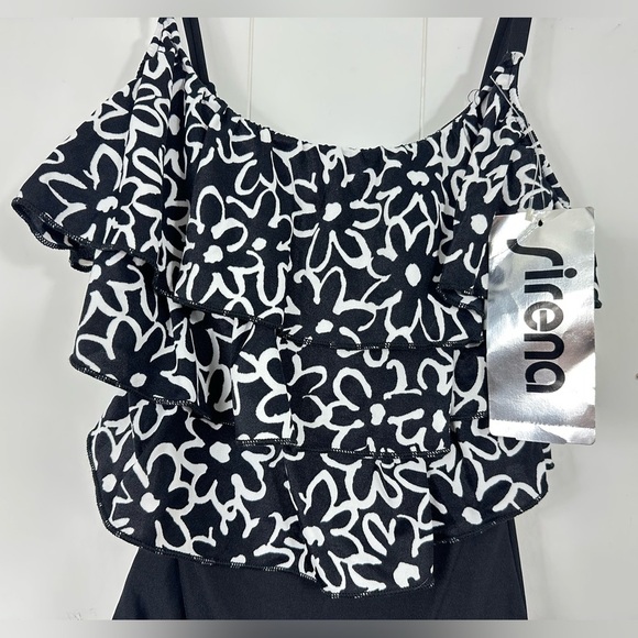 Vintage NWT Swimsuit Sirena Size 10 70s Ruffle Black & White Floral One Piece - Picture 6 of 8